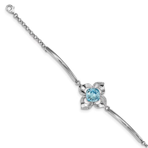 Sterling Silver RH-plated Clear/Blue Crystal Flower w/1in ext Bracelet-WBC-QG4954-7