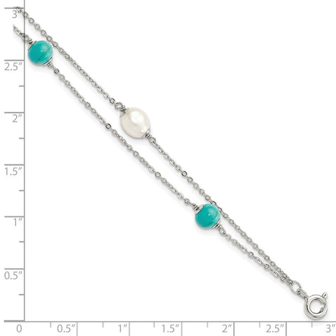 Sterling Silver Turquoise/FWC Pearl w/1 in ext Bracelet-WBC-QG5017-7