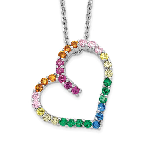 Sterling Silver Rhodium-plated Colorful CZ Open Heart Necklace-WBC-QG5048-18