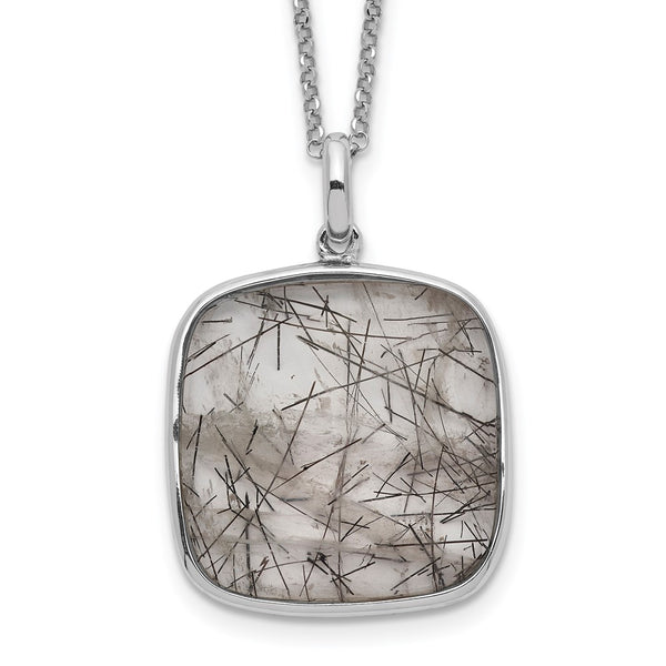 Sterling Silver Rhodium-plated Square Black Rutilated Quartz Necklace-WBC-QG5141-18