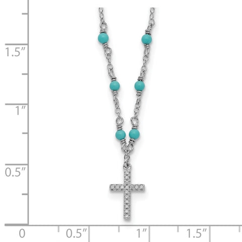 Sterling Silver RH-plated CZ Cross Synth. Turquoise 2in ext Necklace-WBC-QG5179-16
