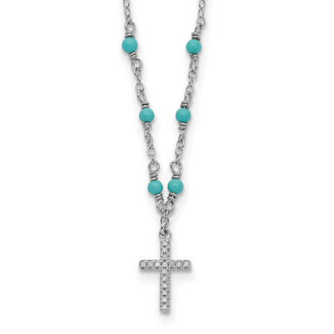 Sterling Silver RH-plated CZ Cross Synth. Turquoise 2in ext Necklace-WBC-QG5179-16