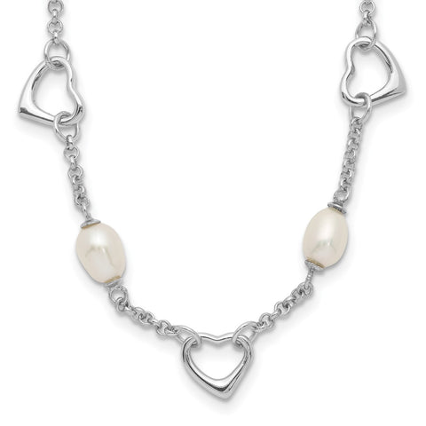 Sterling Silver 5-6mm White Egg FWC Pearl w/Heart 2in ext Necklace-WBC-QG5271-17.5