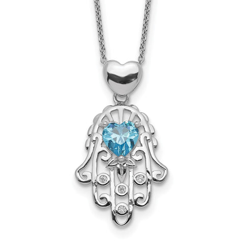 Sterling Silver Blue and Clear CZ Hamsa Necklace-WBC-QG5277-17.5