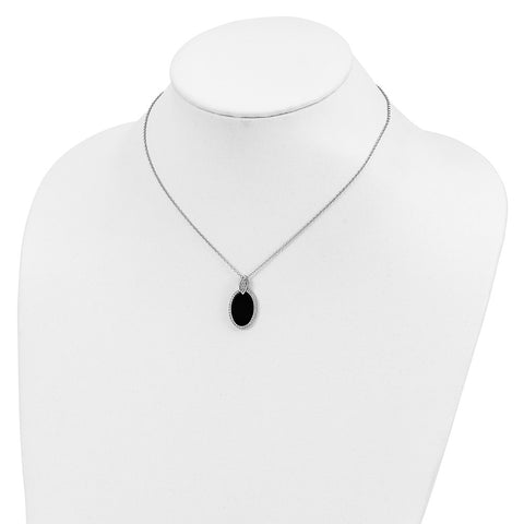 Sterling Silver RH-plated Oval Black Agate and CZ w/1in Ext Necklace-WBC-QG5282-16