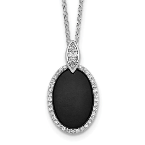 Sterling Silver RH-plated Oval Black Agate and CZ w/1in Ext Necklace-WBC-QG5282-16