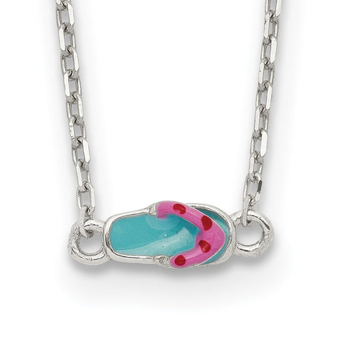 Sterling Silver Teal & Pink Enameled Flip-flop w/ 2in Ext Necklace-WBC-QG5291-16