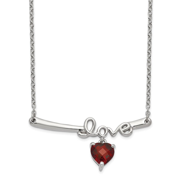 Sterling Silver Rhod-plat Heart Garnet Love w/2.25in ext. Necklace-WBC-QG5297-18