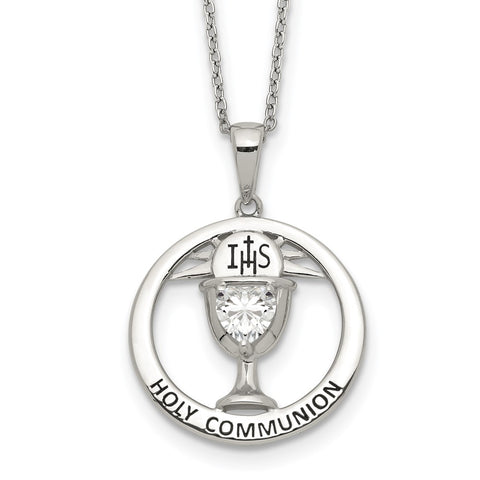 Sterling Silver Enameled CZ Holy Communion Necklace-WBC-QG5300-17.5