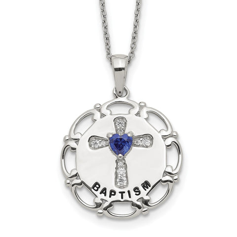Sterling Silver Enameled Blue & Clear CZ Cross Necklace-WBC-QG5301-17.5