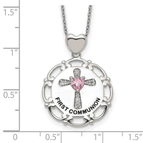 Sterling Silver Enameled Pink & Clear CZ Cross Necklace-WBC-QG5302-17.5