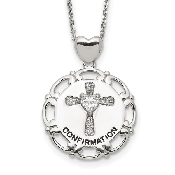 Sterling Silver Enameled CZ Confirmation Cross Necklace-WBC-QG5303-17.5