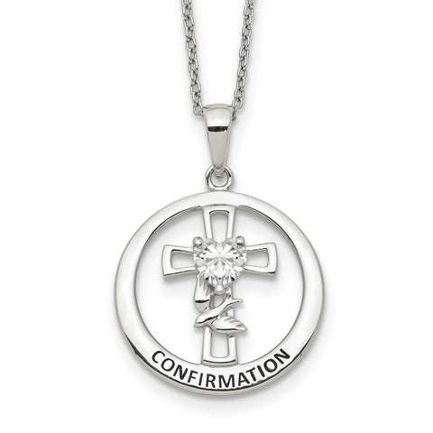Sterling Silver Enameled CZ Heart Cross Confirmation Necklace-WBC-QG5304-17.5