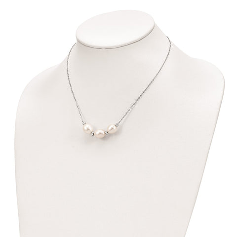 Sterling Silver Rhodium-plated CZ Bead/FWC Pearl w/ 2in ext. Necklace-WBC-QG5313-15.5