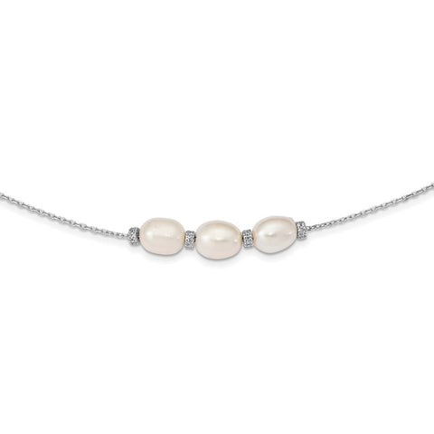 Sterling Silver Rhodium-plated CZ Bead/FWC Pearl w/ 2in ext. Necklace-WBC-QG5313-15.5