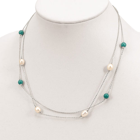 Sterling Silver Turquoise/FWC Pearl w/2 in ext Necklace-WBC-QG5317-17