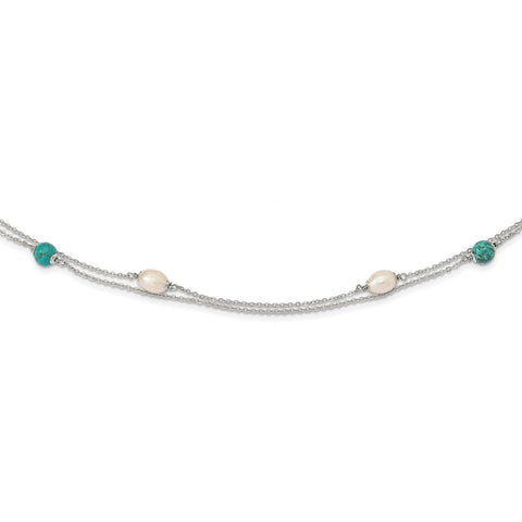 Sterling Silver Turquoise/FWC Pearl w/2 in ext Necklace-WBC-QG5317-17