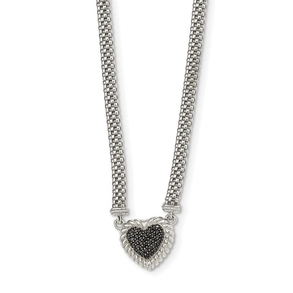 Sterling Silver Black Sapphire Heart Mesh Link Necklace-WBC-QG5378-18