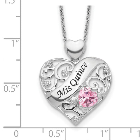 Sterling Silver Enamel Pink/Clear CZ MIS QUINCE Heart Necklace-WBC-QG5391-17.5