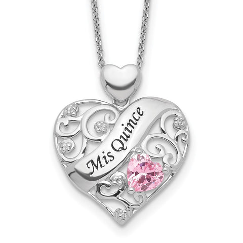 Sterling Silver Enamel Pink/Clear CZ MIS QUINCE Heart Necklace-WBC-QG5391-17.5
