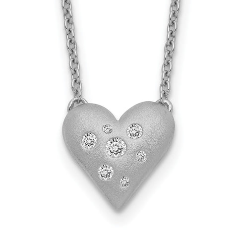 Sterling Silver Rhodium-plated CZ Satin Puffed Heart w/ 1in ext Necklace-WBC-QG5409-16.5