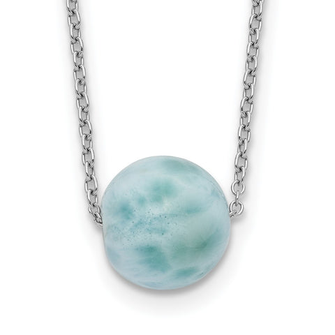 Sterling Silver Rhodium-plated Larimar Bead w/ 2in ext. Necklace-WBC-QG5466-16