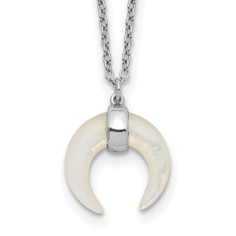 Sterling Silver RH-plated Mother Of Pearl Moon w/2in ext Necklace-WBC-QG5469-16