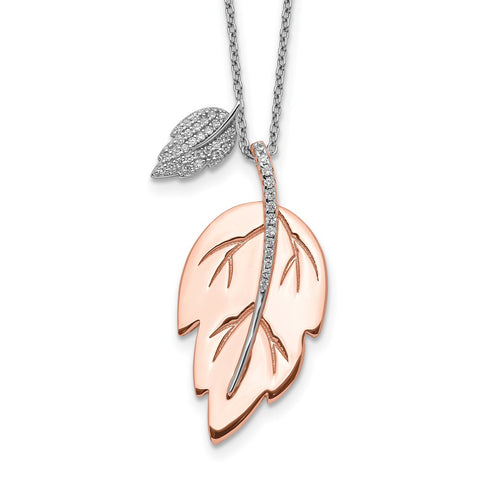 Sterling Silver Rose-tone CZ Leaf w/ 2in ext. Necklace-WBC-QG5480-16