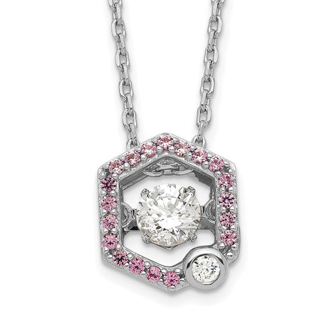 Sterling Silver Rhod-plated Moving CZ w/Pink CZ  w/2in ext Necklace-WBC-QG5541-16