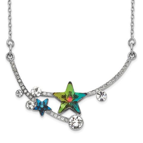 Sterling Silver RH-plated Multi-color Crystal Star w/2in ext Necklace-WBC-QG5542-15.5