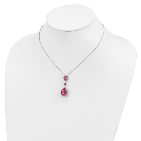 Sterling Silver RH-plated Pink Crystal Teardrop w/2in ext Necklace-WBC-QG5549-16