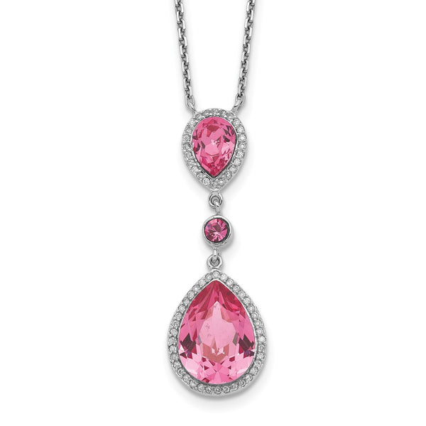 Sterling Silver RH-plated Pink Crystal Teardrop w/2in ext Necklace-WBC-QG5549-16