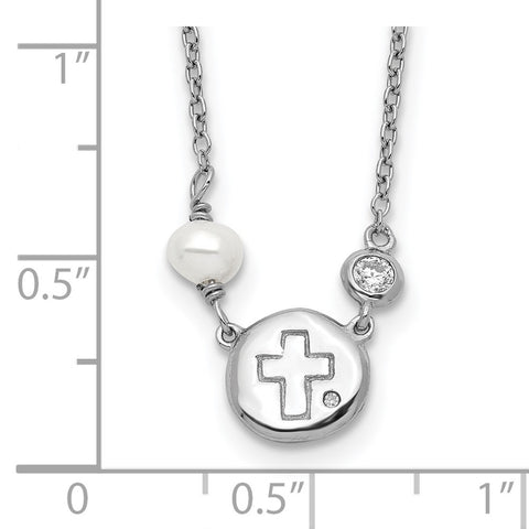 Sterling Silver RH-plated CZ/Cross/FWC Pearl w/2in ext Necklace-WBC-QG5585-16