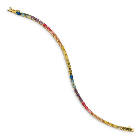 Sterling Silver 14k Flash-plated Oval Colorful CZ Tennis Bracelet-WBC-QG5660GP-7.5