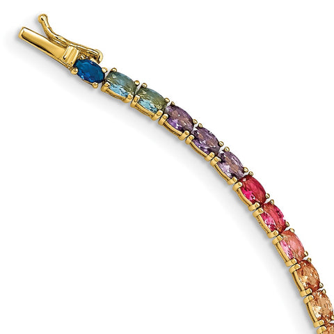 Sterling Silver 14k Flash-plated Oval Colorful CZ Tennis Bracelet-WBC-QG5660GP-7.5