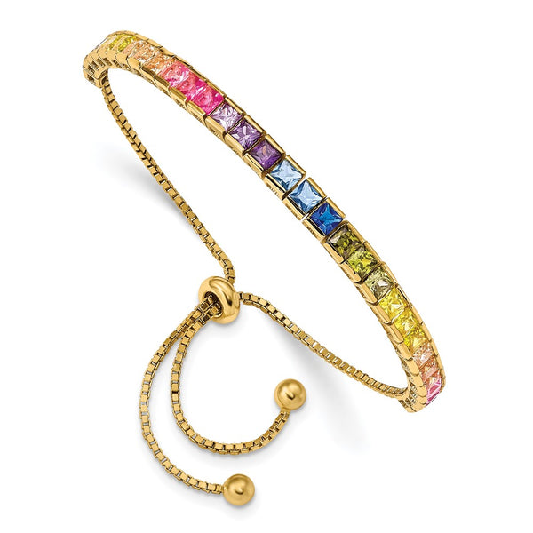 SS 14k Flash-plated 4mm Channel-Set Colorful CZ Adjustable Bolo Bracelet-WBC-QG5661GP