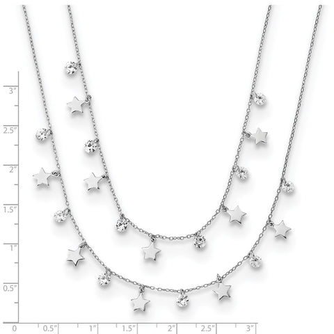Sterling Silver Rh-Plated Stars and CZ Layered w/ 1.25in Ext. Necklace-WBC-QG5685-18