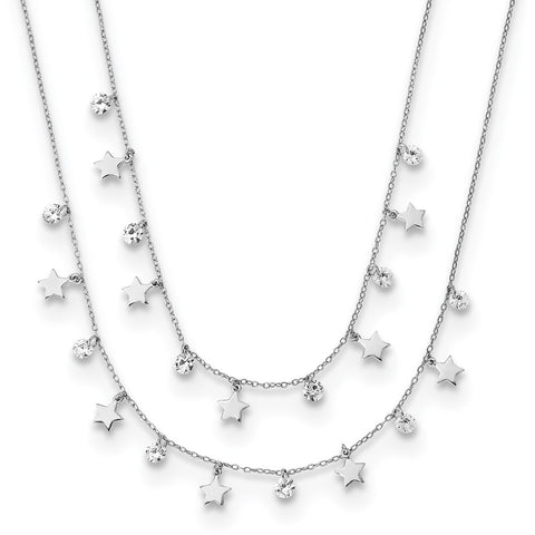 Sterling Silver Rh-Plated Stars and CZ Layered w/ 1.25in Ext. Necklace-WBC-QG5685-18
