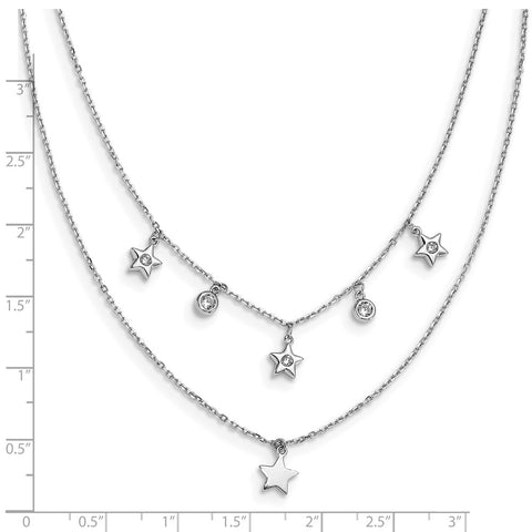 Sterling Silver Rhodium Plated CZ Layered Stars w/ 2in ext. Necklace-WBC-QG5693-15