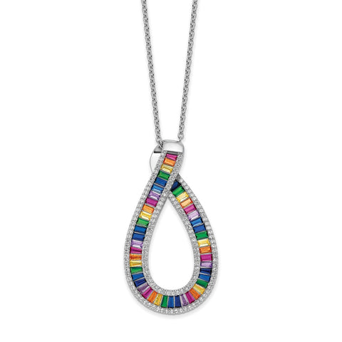 Sterling Silver Rhod-plated Colorful CZ Pear Shaped w/ 2in ext. Necklace-WBC-QG5699-16