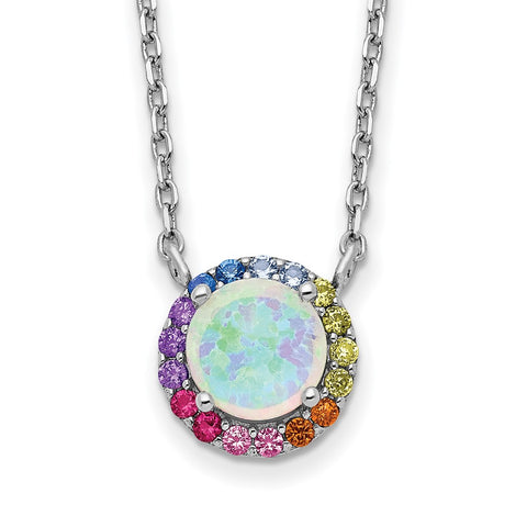Sterling Silver Rhod-plated Cr. Opal & Colorful CZ Round w/ 2in ext. Neckla-WBC-QG5702-16