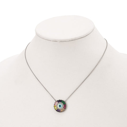 SS Rhodium-plated Colorful CZ & Glass Evil Eye w/ 2in ext. Necklace-WBC-QG5704-16