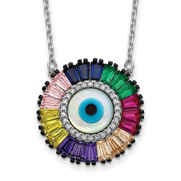 SS Rhodium-plated Colorful CZ & Glass Evil Eye w/ 2in ext. Necklace-WBC-QG5704-16