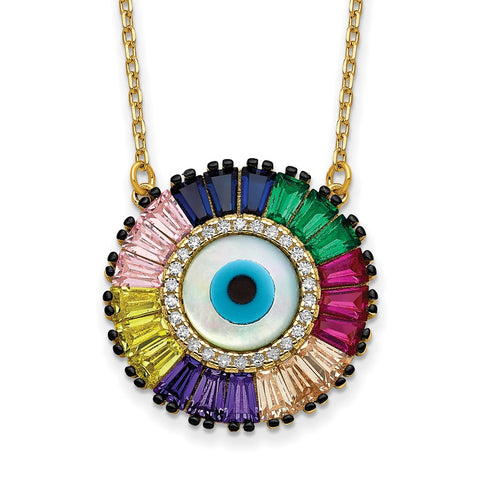 SS 14k Flash-plated Colorful CZ & Glass Evil Eye w/ 2in ext. Necklace-WBC-QG5704GP-16