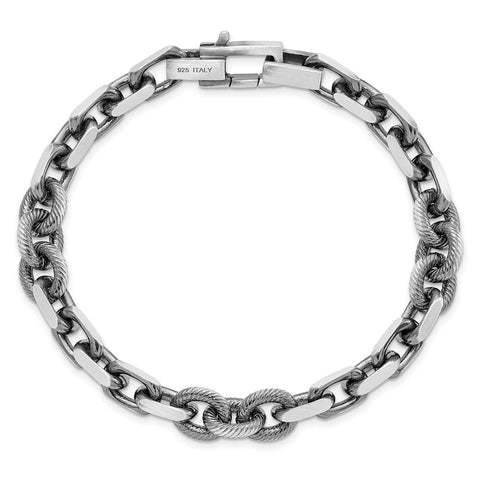 Sterling Silver Mens Black Rhodium-pltd Brushed Cable/Twisted Rolo Bracelet-WBC-QG5736-8.5