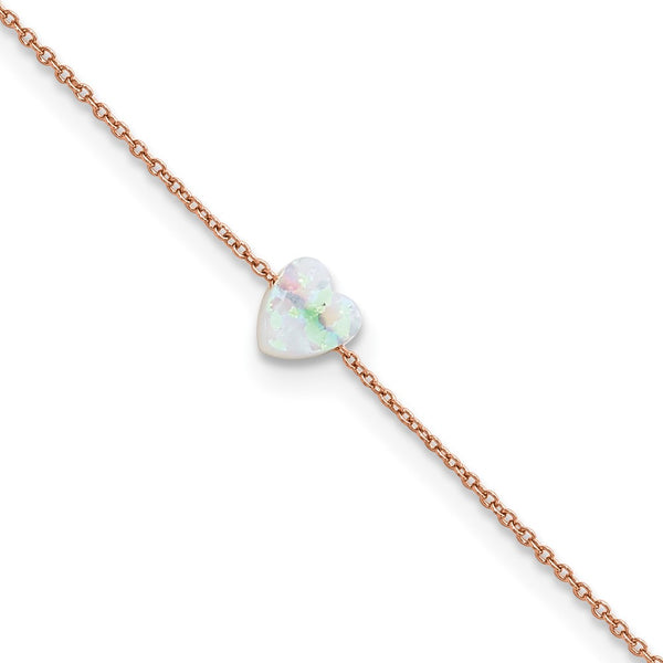 Sterling Silver Rose-tone White Cr. Opal Heart 9in Plus 2 in ext. Anklet-WBC-QG5746-9