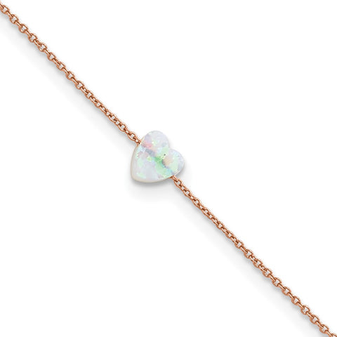 Sterling Silver Rose-tone White Cr. Opal Heart 9in Plus 2 in ext. Anklet-WBC-QG5746-9