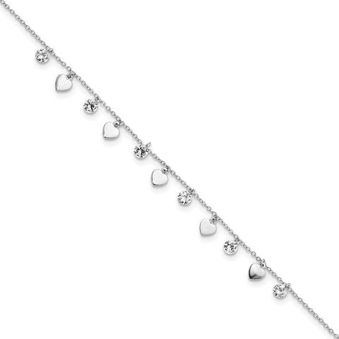Sterling Silver RH-plated Polish/Brushed Heart CZ 8.75in Plus 1inExt Anklet-WBC-QG5748-8.75