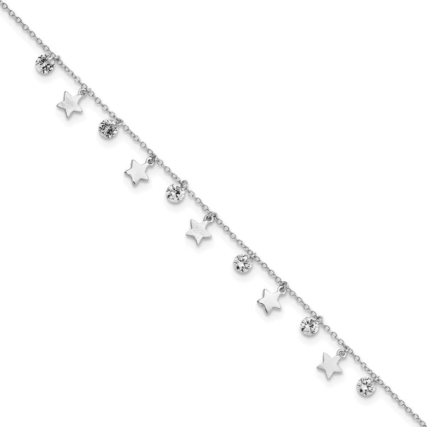 Sterling Silver RH-plated Polished/Brushed Star CZ 9in Plus 1in Ext. Anklet-WBC-QG5753-9