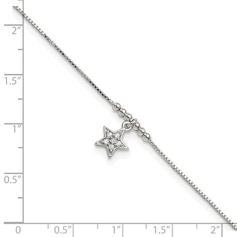 Sterling Silver CZ Star and Beads 9in Plus 1in Ext. Anklet-WBC-QG5754-9